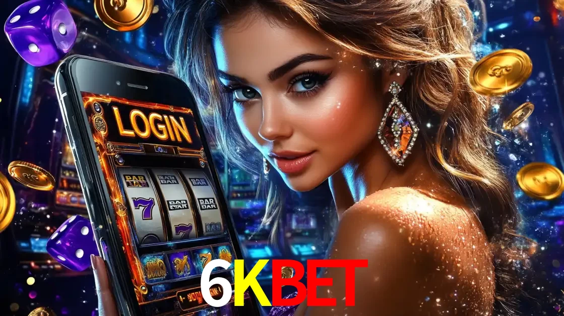Mulher glamorosa segurando um smartphone com a tela de login para os jogos de caça-níqueis do cassino online 6KBET, com moedas de ouro e dados ao redor.