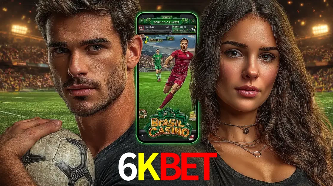 Homem segurando uma bola de futebol e uma mulher ao lado de um smartphone exibindo o jogo de apostas esportivas da 6KBET. Faça seu palpite no cassino online.
